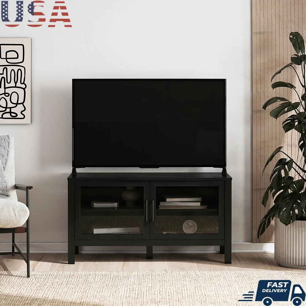 

Glass Door TV Stand TVs up to 55 inches Adjustable Shelves Modern Entertainment Center with Storage Cabinets Durable Black Wood