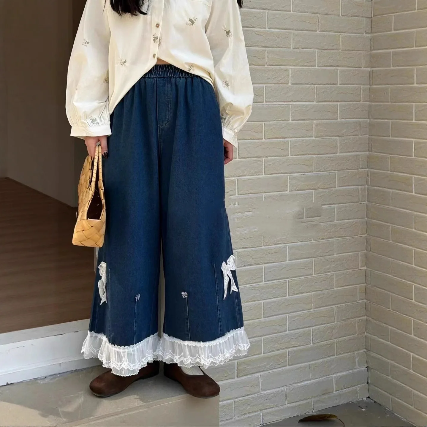 Japanese Mori Girl Vintage Lace Bow Patchwork Denim Wide Leg Pants Women Autumn High Elastic Waist Casual Loose Jeans Pants