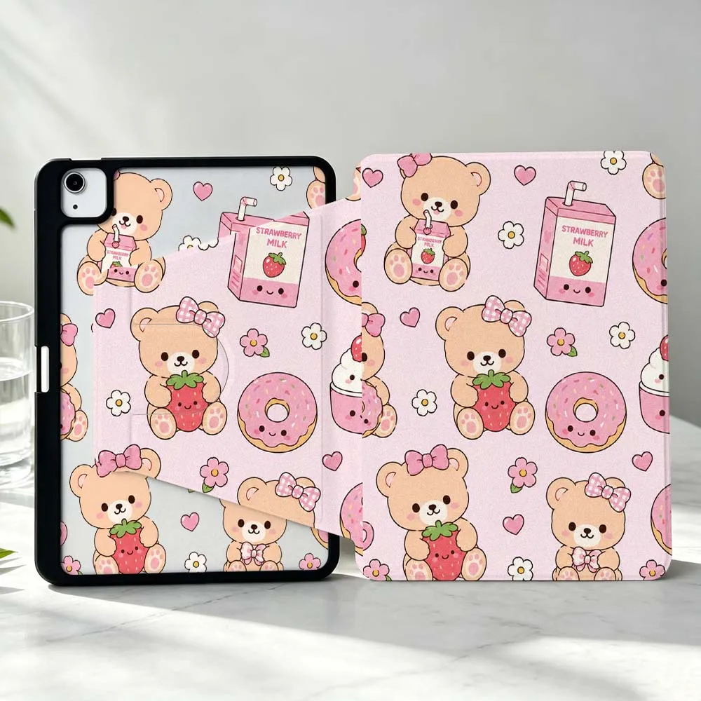 Cute Little Bear Pattern For iPad Pro Air mini 6 5 4 12th M5 M4 M3 M2 A16 A17Pro 360° Rotation Stylus Storage Tablet Case Soft