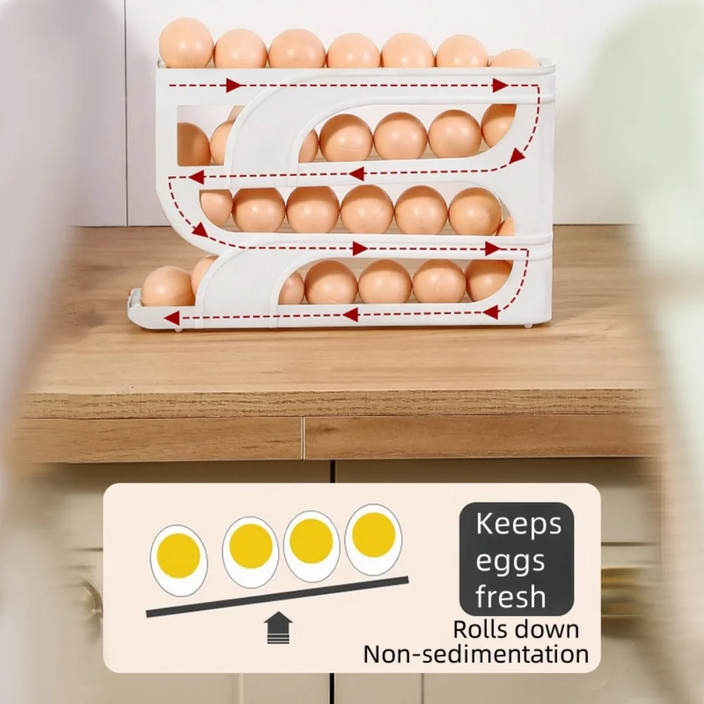 1 Stück 3/4 Etagen automatische Roll-Ei-Aufbewahrungsbox für Zuhause, Küche, Kühlschrank, Seitentür, Eierkonservierungsregal, leicht zu reinigen – Detail 3