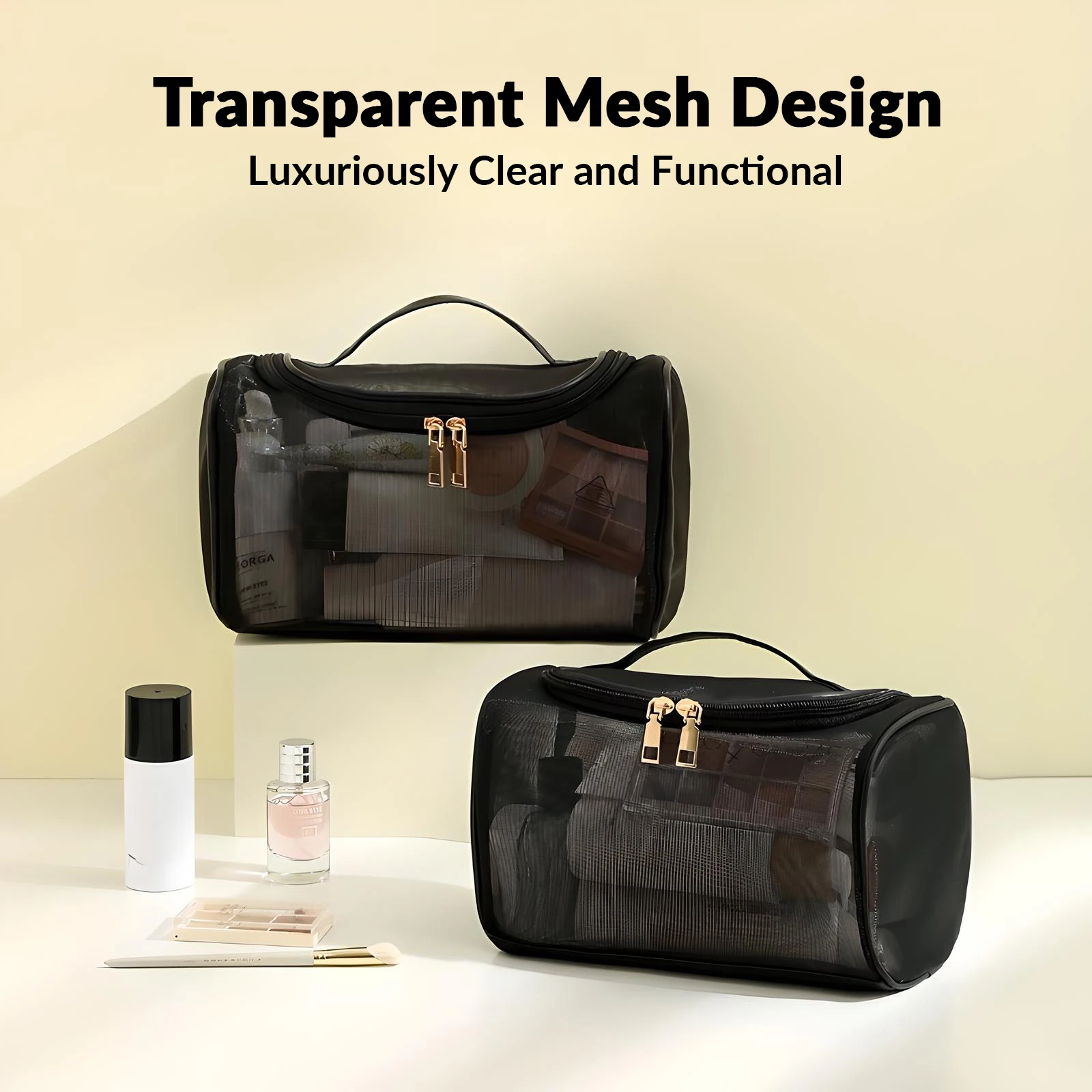 Clear Mesh Design Travel Makeup Bag - Large Capacity Cosmetic Organizer With Handle, Nylon Makeup Pouch, Available In Various