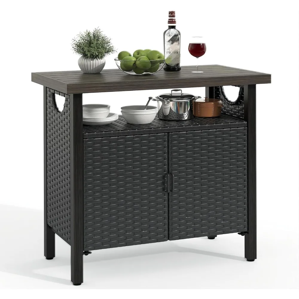 

Outdoor Storage Cabinet, Patio Bar Table with Two Doors and Shelves, Weatherproof Wicker Storage Console Table for Outdoor Cush