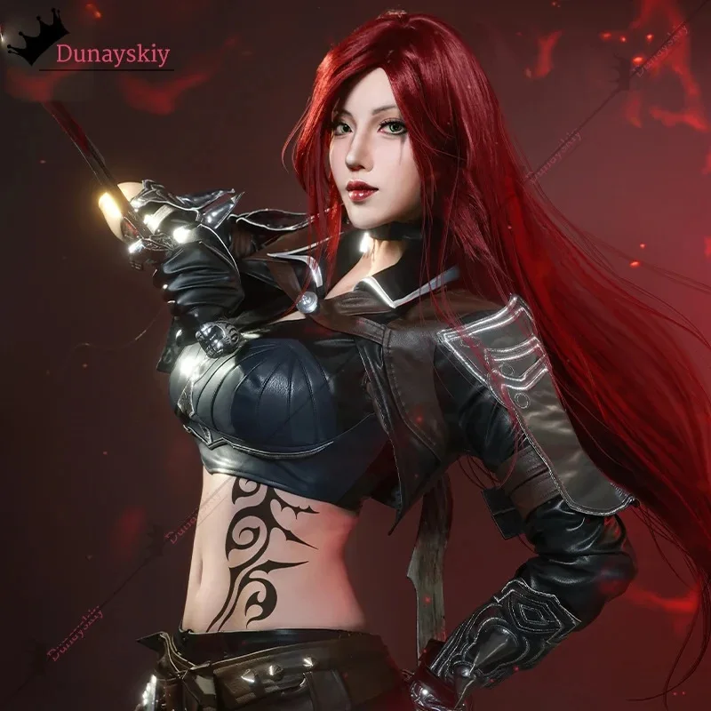 LOL الشريرة بليد كاتارينا تأثيري حلي كاتارينا قاتل الزي القتالي شعر مستعار الوشم ملصق ملحق هالوين تمويه