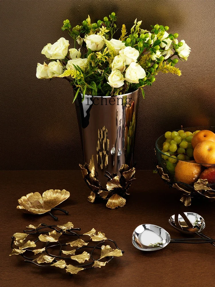 HT Golden Ginkgo Series Large Vase Decoration Living Room Flower Arrangement Light Luxury High-Grade Gift