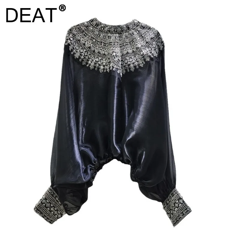 DEAT Women's Shirt O-neck Embroidered Flares Shiny Sequins Batwing Sleeve Loose Chiffon Thin Blouse Spring 2025 New Fashion