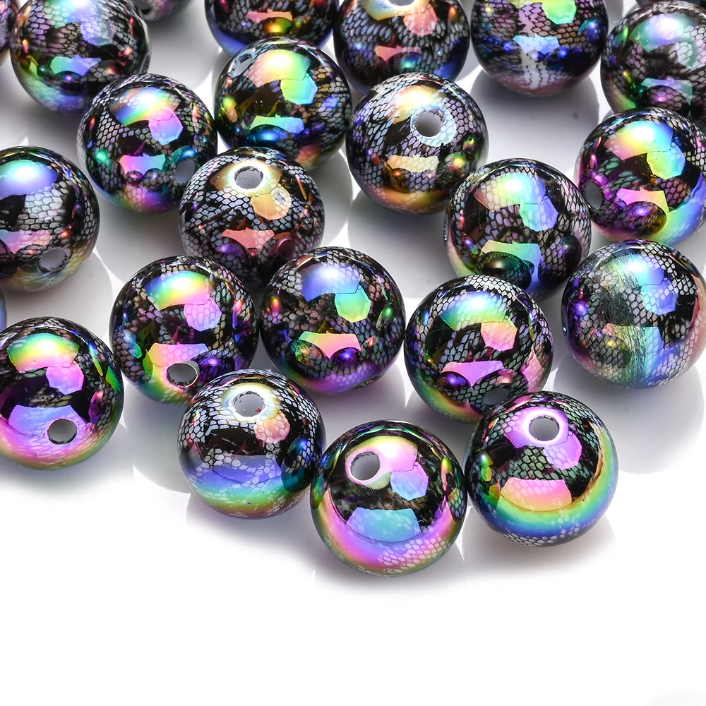 10 Stück 16mm Schwarz Beschichtete Bunte Runde Netz-Acrylperlen Glänzende Glatte Zwischenperlen für Schmuckperlen DIY Armband Halskette – Detail 2