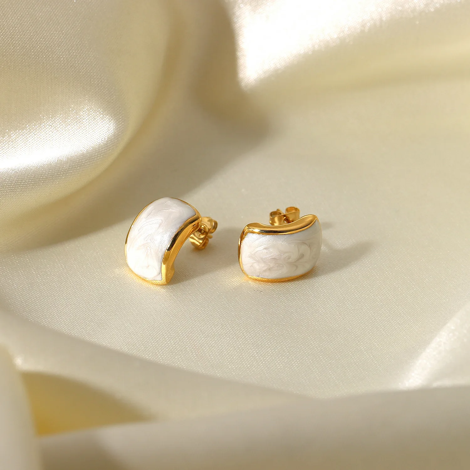 16K Gold Plated Stainless Steel Swirl White Pearlized Emanel Dome Stud Earrings For Women Girls Tarnish Free Jewelry Gift