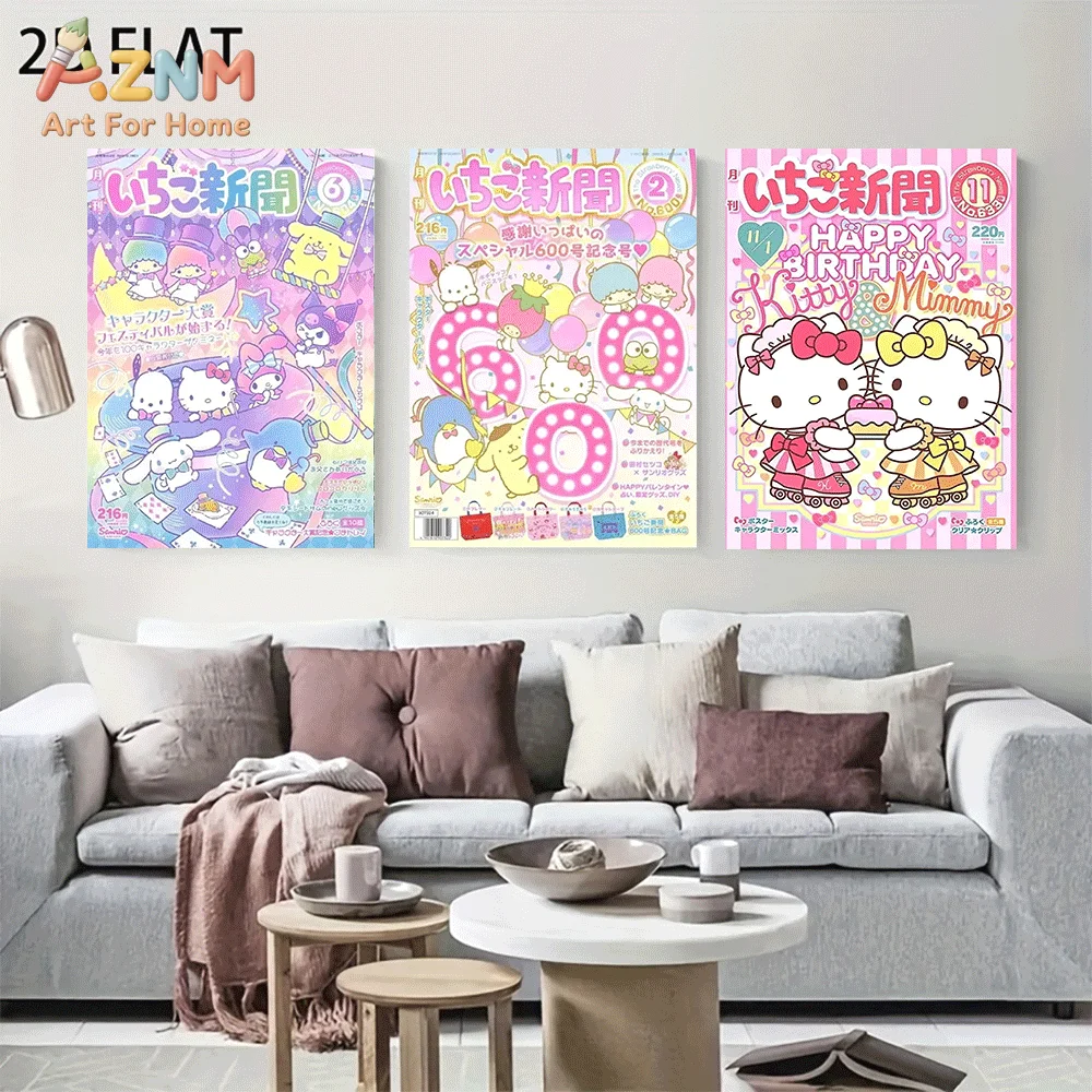 AZNM Sanrio Hello Kitty Canvas Wall Art Unframed Cute Cartoon Magazine Cover Birthday Carnival Party Theme Print Painting Girls
