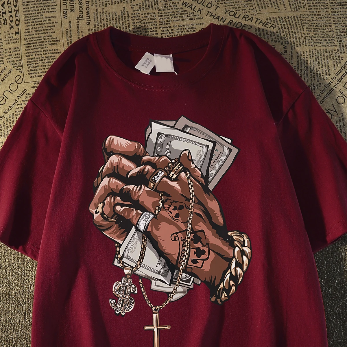 KKBBU European and American high street design sense printed short-sleeved T-shirts for men and women, American retro Chinese