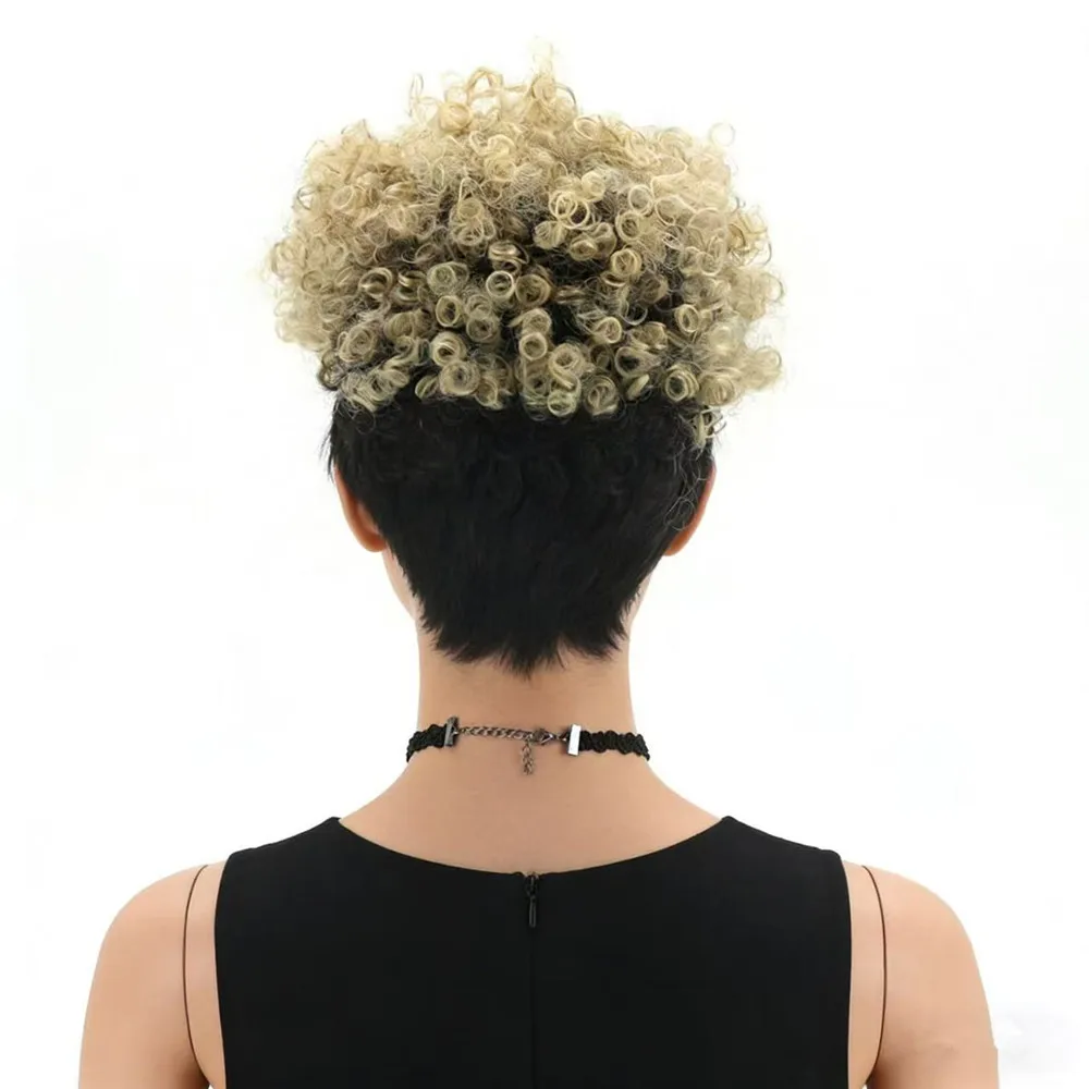 Short Curly Wig Blonde & Black Synthetic Hair Short Afro Curly Wigs for Black Women Heat Resistant Fiber Daily Wear Glueless Wig