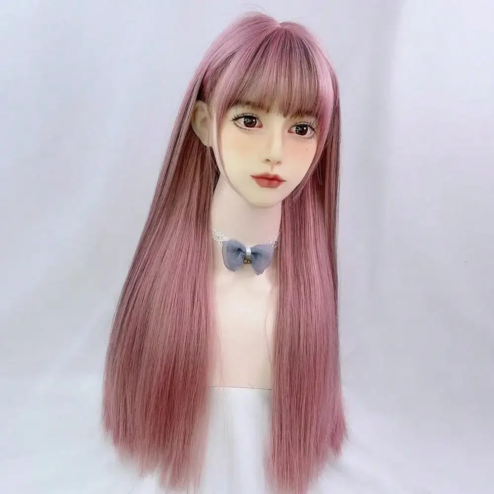 High-Quality Pink Straight Hair Synthetic Bangs Wig Non-Adhesive Heat-Resistant Fiber Fashion Female Wig Suitable For Party