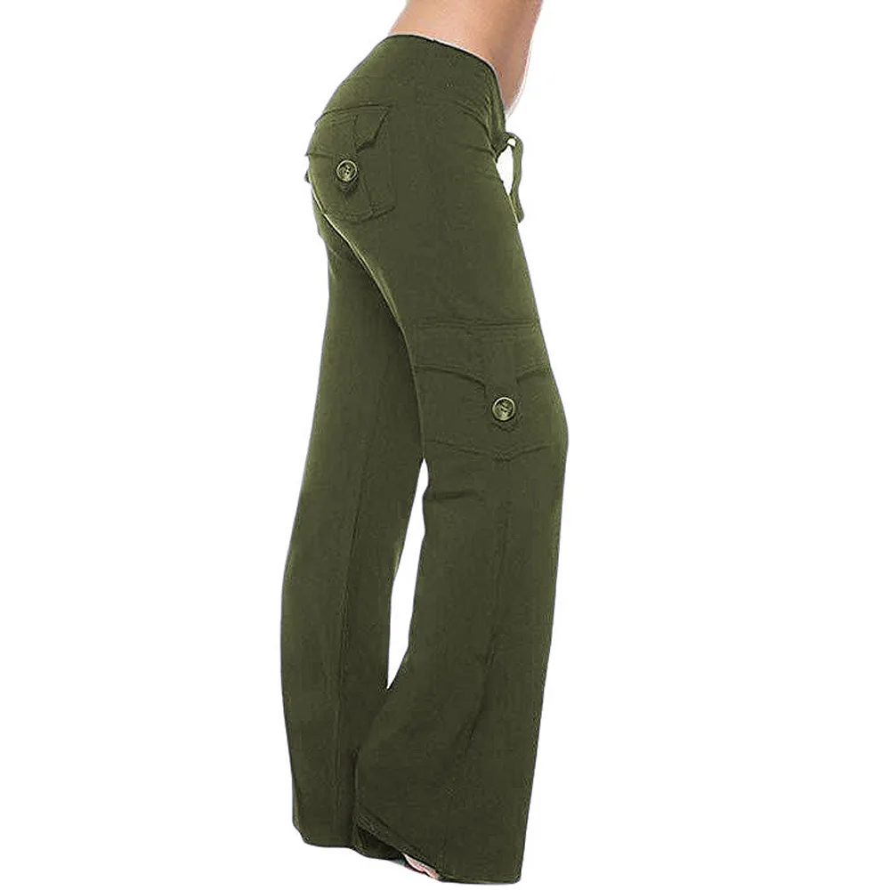 Spring 2024 new solid color multi-pocket belt sports comfortable casual straight-leg cargo pants ladies casual pants