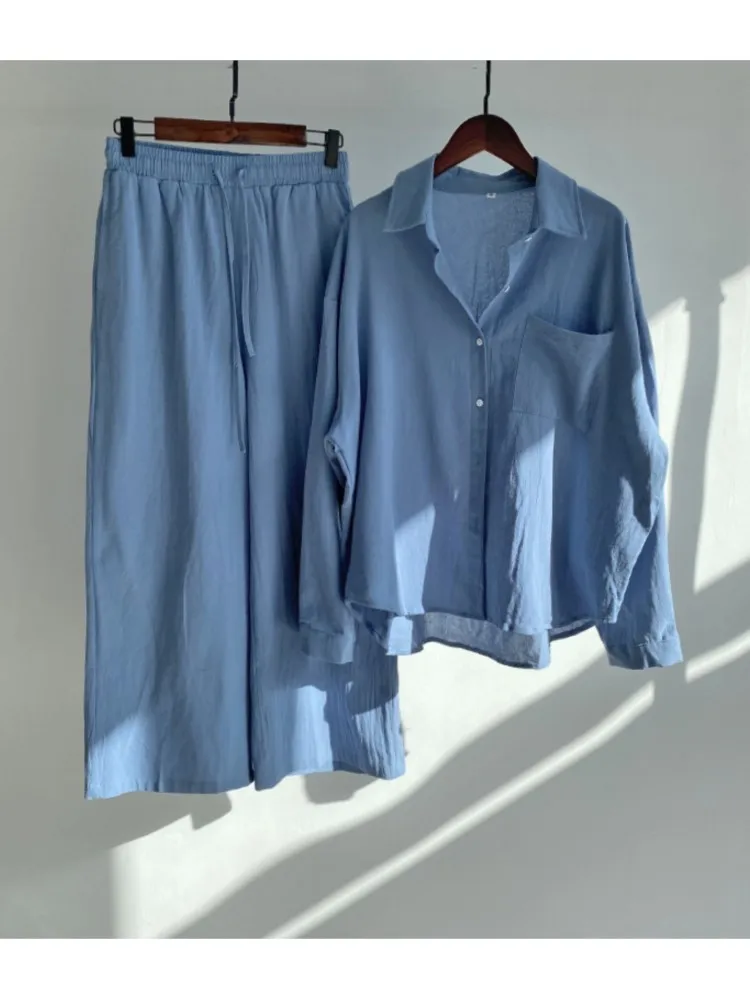 Conjunto de dos piezas de algodón y lino para mujer, camisa de botonadura única y pantalones de pierna ancha holgados con cordón, informal