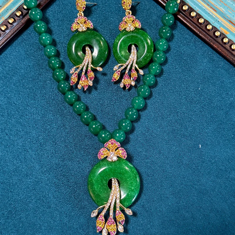Vintage Round Green Agate Bead Tassel Jewelry Sets Pendant Necklace Earrings Luxury High Quality Daily Gifts For Girlfriends