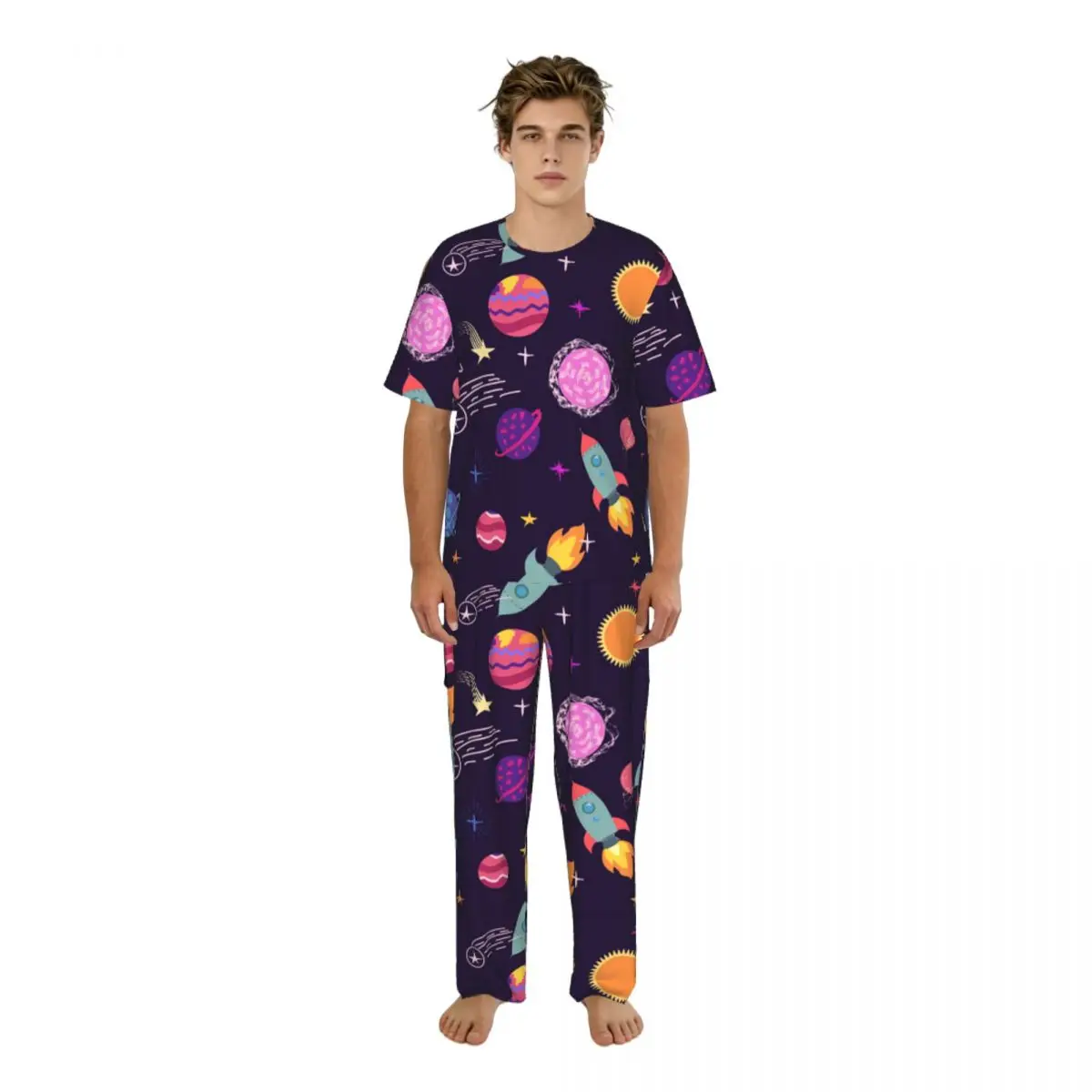

Мужской комплект пижамы: летние топы с короткими рукавами + длинные брюки, домашняя одежда, костюмы для сна с принтом планет, ракет и звезд