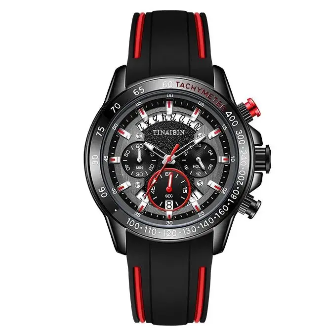 นาฬิกาควอทซ์กันน้ำสีแดงดำสำหรับผู้ชายนาฬิกาข้อมือซิลิโคนโครโนกราฟปฏิทินกีฬา