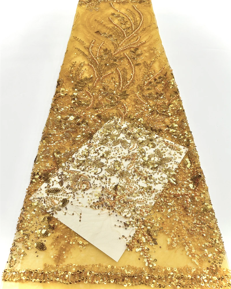 

Luxury Nigerian Beaded Lace Fabric with High-Quality Sequins for African Party Dress Sewing Material