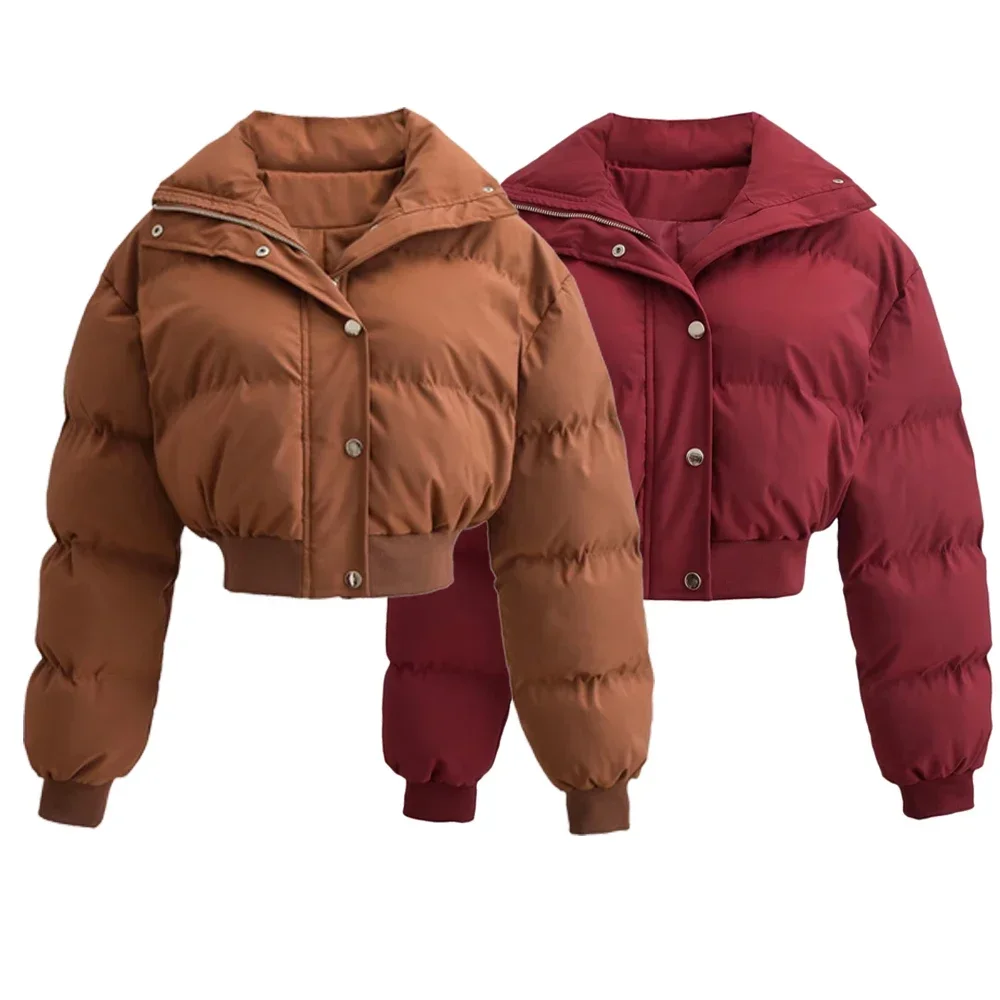 Winter New Brown Lapel Collar Women Cotton Coat Single Breasted Short Jacket Warm High Street Solid Chic Outwears Female Parkas