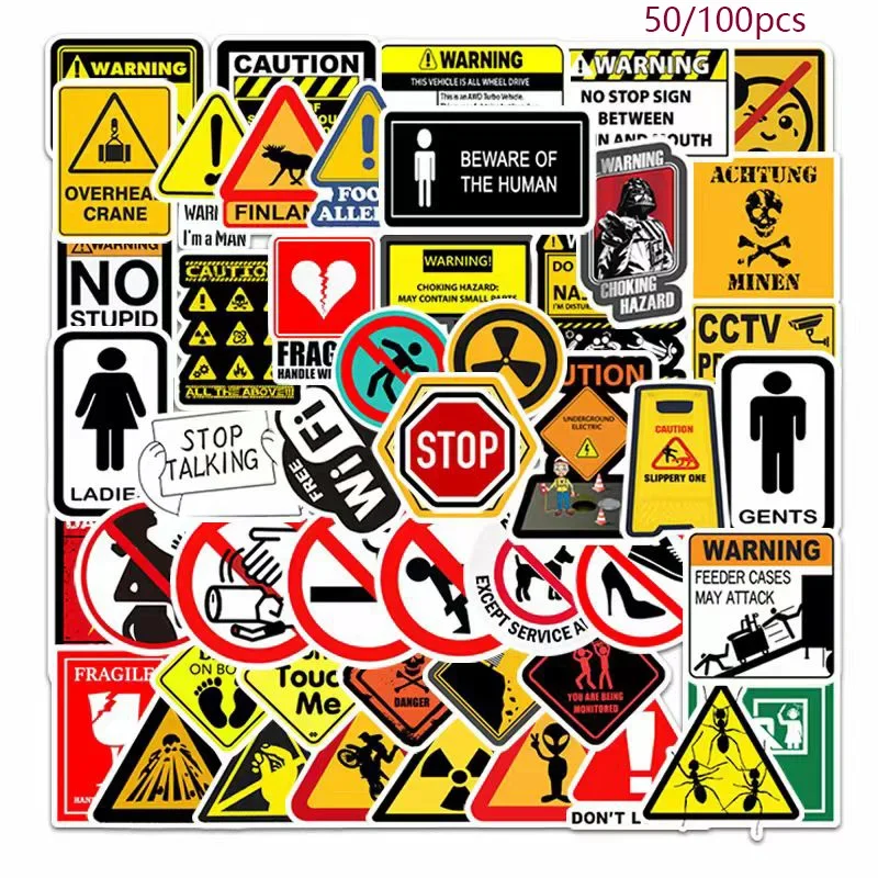 50/100pcs Cartoon Warning Sticker Prohibition Dangerous Laptop Car Skateboard Guitar Refrigerator Motorcycle Classic Toy Decal