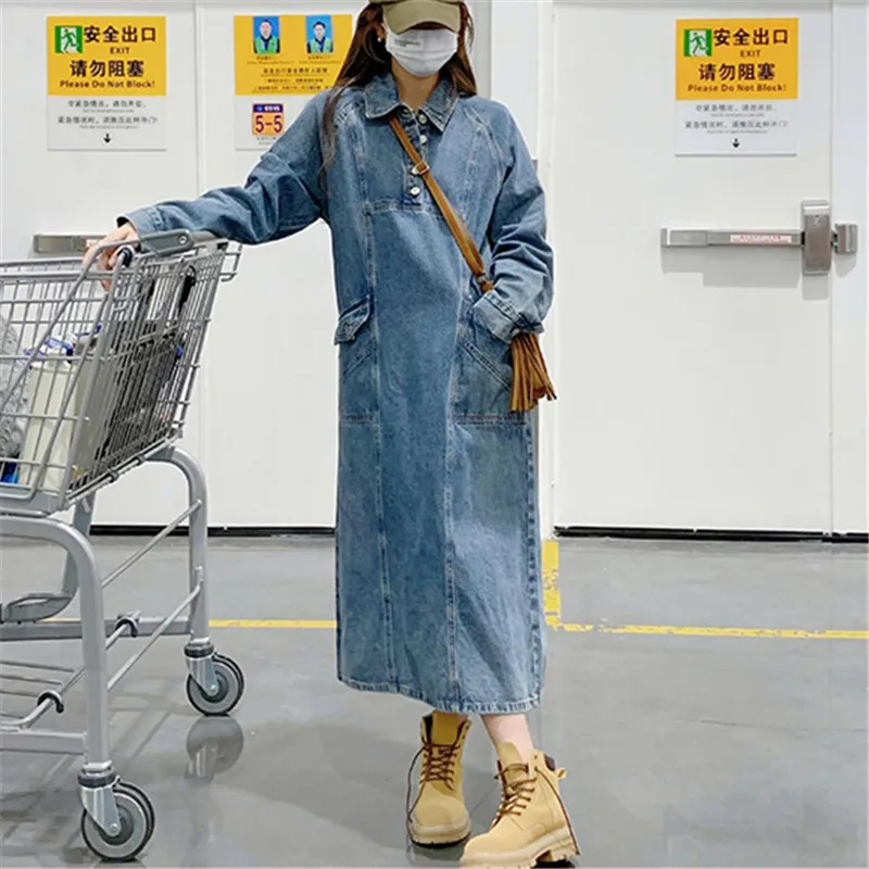 Vintage Washed Denim Dress for Women 2023 Spring New Long Sleeve Lapel Casual Loose Streetwear Chic Cowboy Maxi Dresses 2303