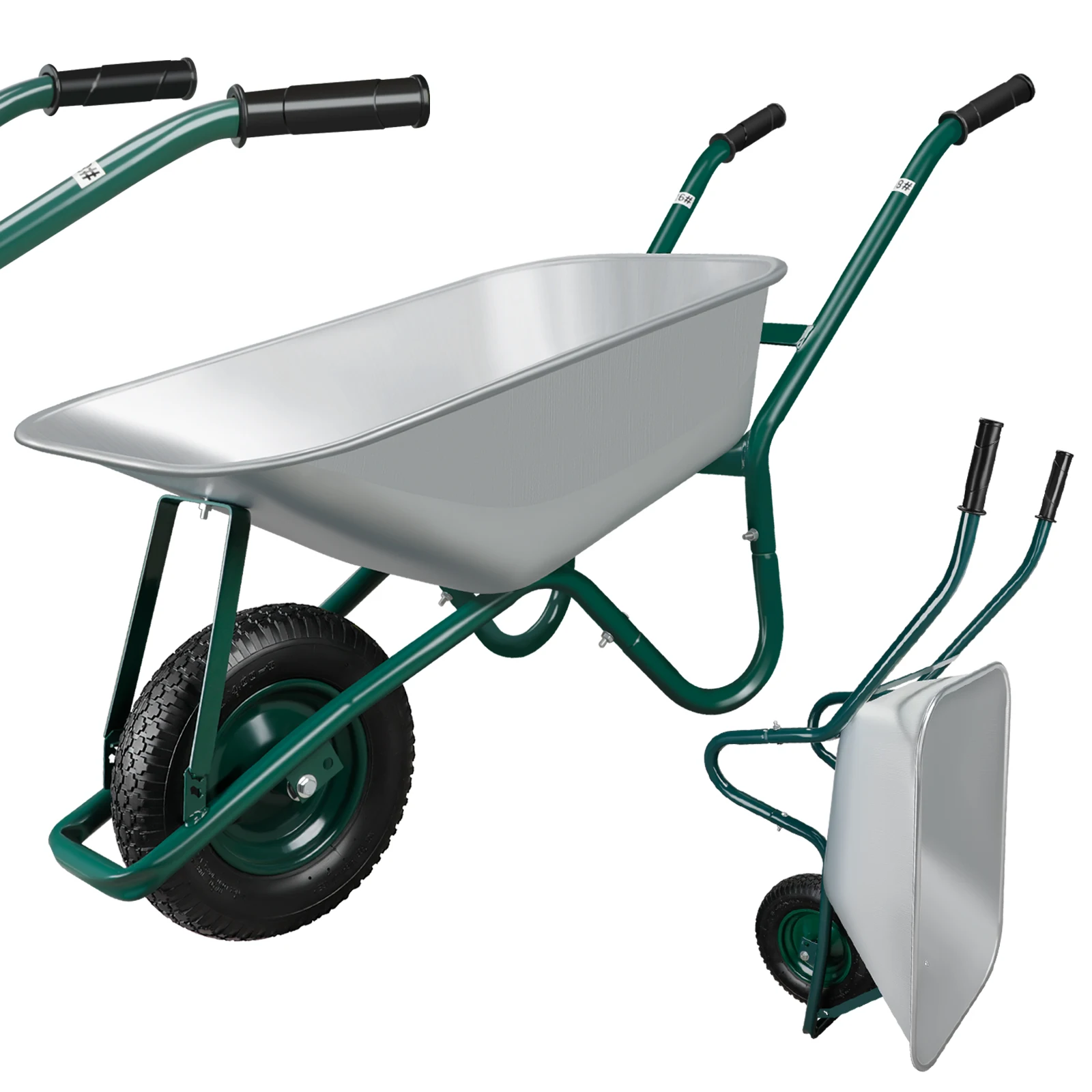 AIRAJ Wheelbarrow, Garden Wheelbarrow Load Capacity 250KG, Heavy Galvanised Metal, Transport Wheelbarrow with Pneumatic Tyres