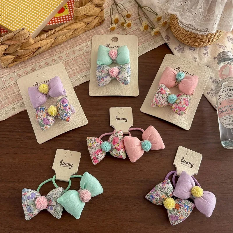 

2pcs Floral Print Bow Hairpin Elastic Hair Band Sweet Girls Hair Rope Tie Rubber Band Children's Hair Accessories Kids Headwear