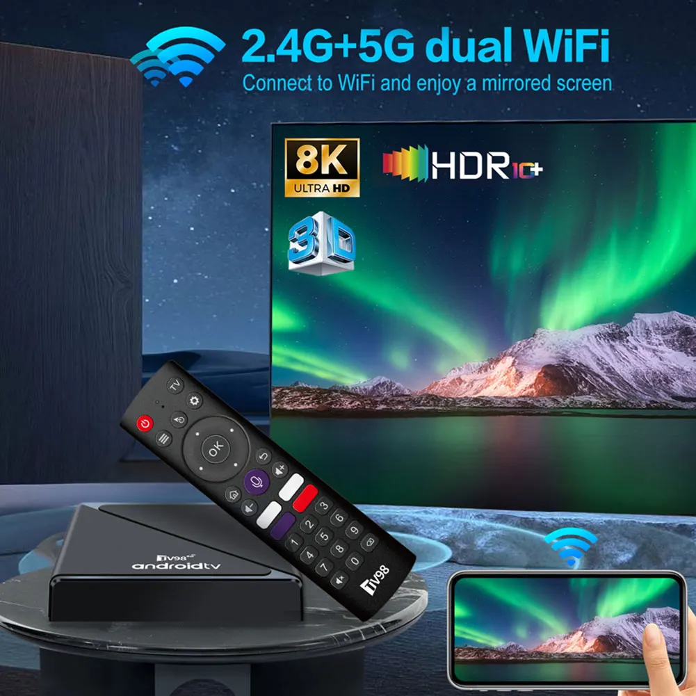 2.4G e 5G Dual WiFi BT5.0 Smart TV Box Allwinner H313 Quad Core Android 14 Set Top Box Telecomando vocale digitale HD 8K 4K