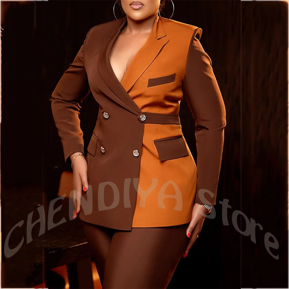 Chic Patchwork Women Pant Suits Double Breasted Blazer Trousers Slim Fit 2 Pieces Formal Suit Office Business Work Outfit