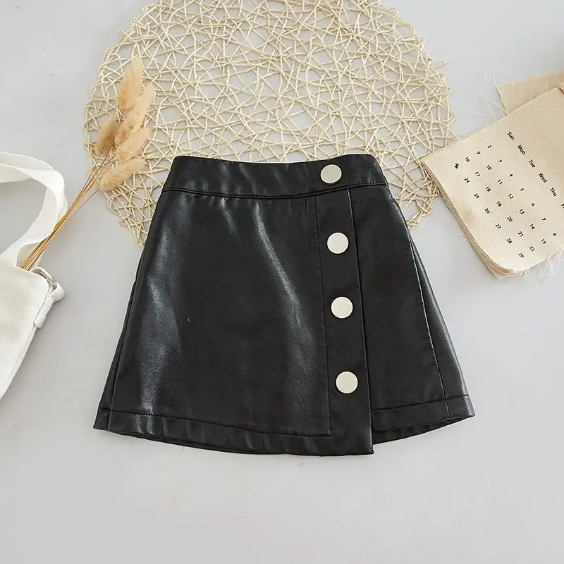 Kids Girls PU Leather Pencil Skirts 2025 New Black Leather Skirts Asymmetry Button Decoration Teenage Girls Package Hip Skirt