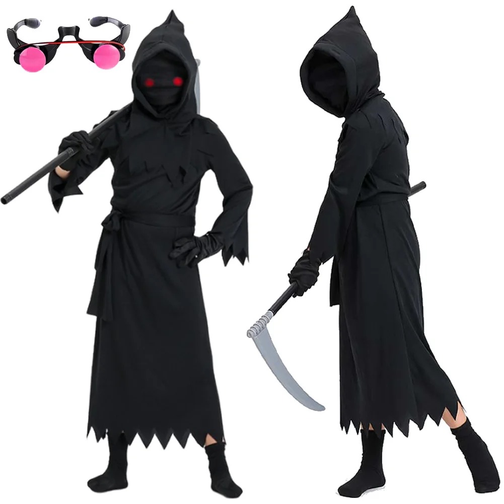 Traje de Cosplay Black Death para Crianças, Festa de Halloween, Robe Longo, Desempenho de Palco Assustador, Roupas com Capuz