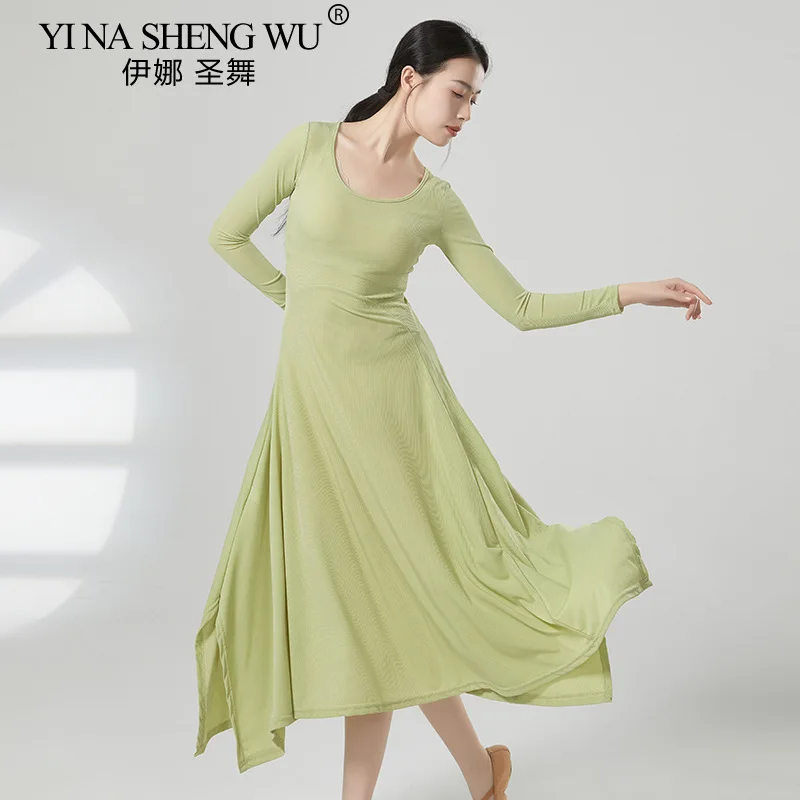 새로운 클래식 댄스 드레스 슬리밍 솔리드 컬러 현대 민속 무용 연습 스커트 드레스 의상 여성 볼룸 댄스