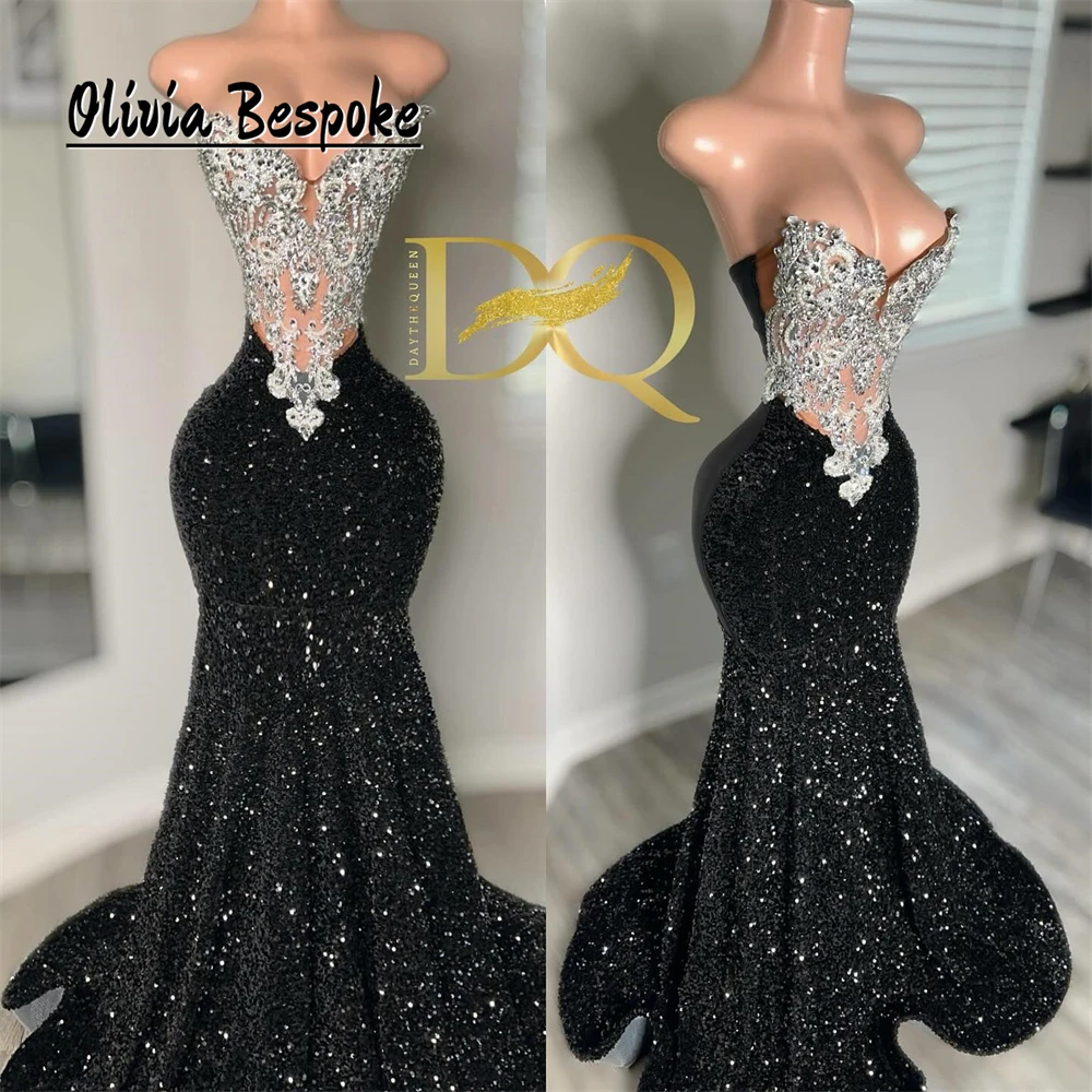 Elegante sereia preto lantejoulas vestido de baile frisado rendas apliques sem alças vestidos de aniversário preto meninas formal personalizado