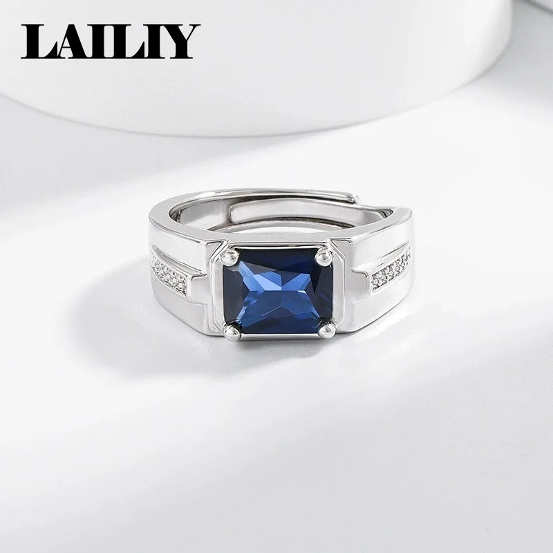 LAILIY 925 Sterling Silver Birthday Gift Party Business Sapphire Adjustable Ring Men Fashion Jewelry Accessories