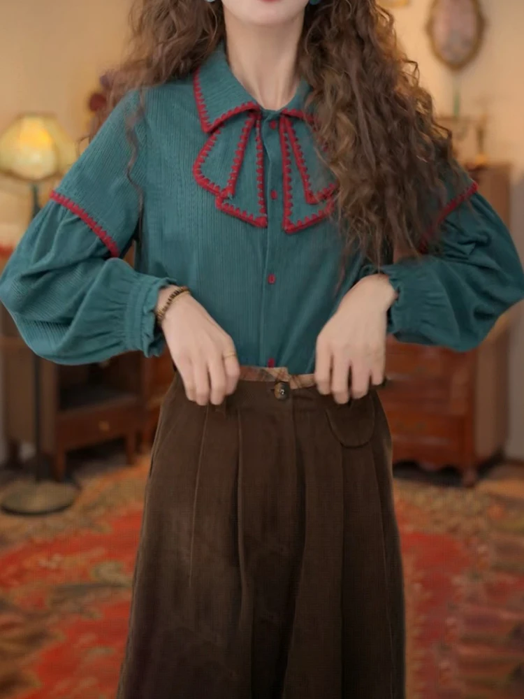 

Retro Sle Loose Fit Ne irt Women's Casual Color Blo Top Winter New Arrival Faion Design Versatile Long Sve