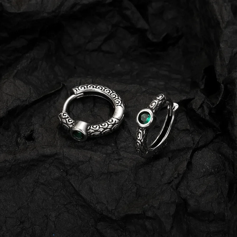 Genuine 925 Sterling Silver Vintage Thai Silver Ear Buckle Green Zirconium Unisex Earrings for Women Men Party Jewelry Gifts