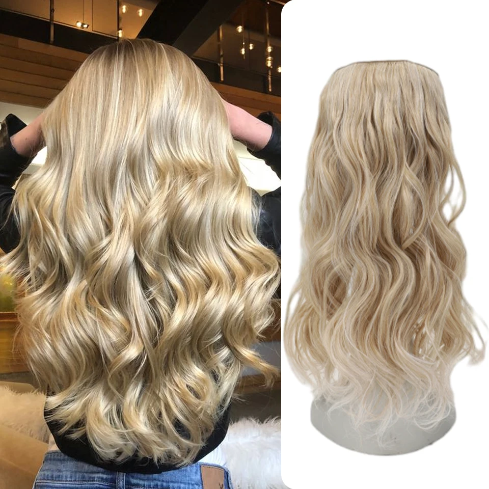 Extensions de cheveux synthétiques à clipser pour femmes, ligne de poisson invisible, 20 pouces, vague de corps, ombré, brun, blond, cosplay,