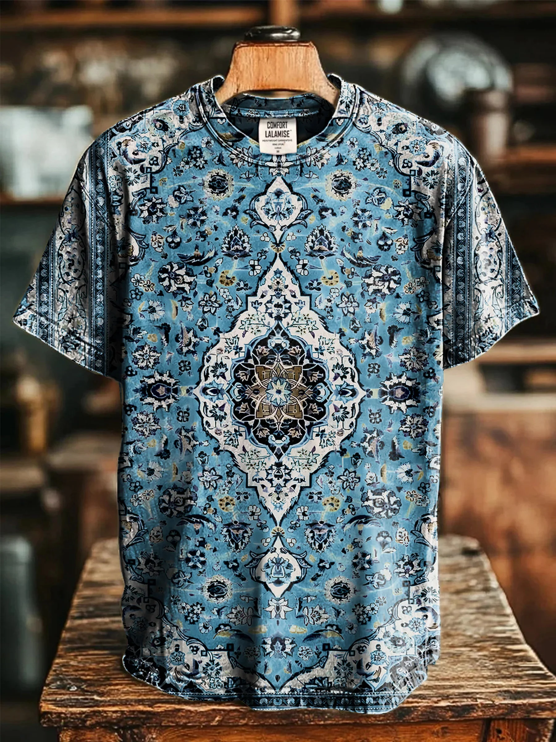 Retro Blue Ethnic Totem Art Print Short Sleeve T-shirt Funny Casual Summer Top for Men Women