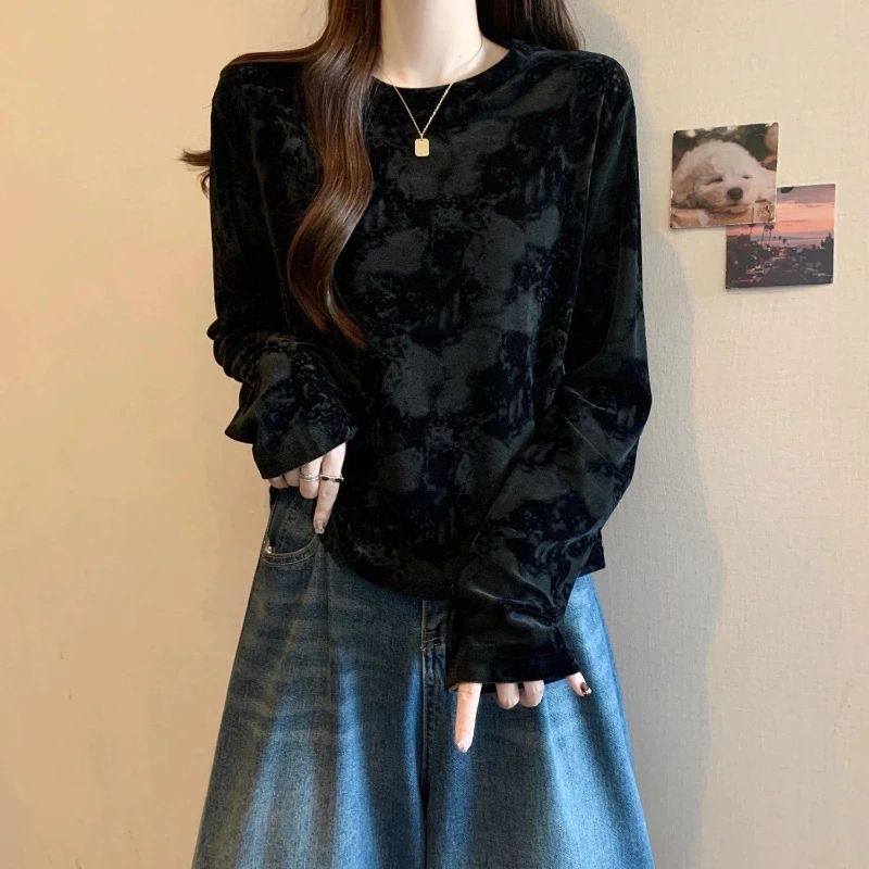 

Plus Size Long Sleeve Tie Dye Trend Tops O-neck All-match Youth Lazy Style T Shirts Spring Autumn Casual Fashion Women Clothing