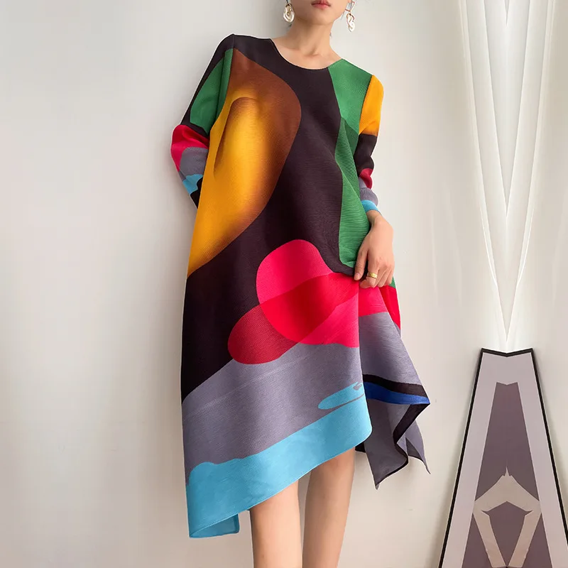 Miyake Pleated Print Dress 2024 New Early Spring Fashion Elegant A-line Swing Dress Elegant Women's Clothing High-quality