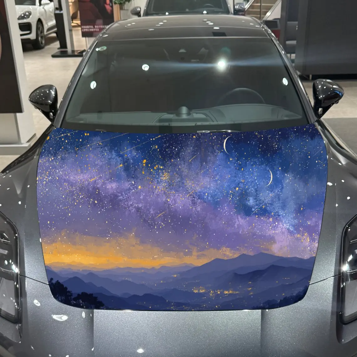 

Starry Mountain Twilight Adventure PVC Car Hood Wraps, Self-Adhesive Waterproof Car Bonnet Decal Sticker, Car Decoration Protect