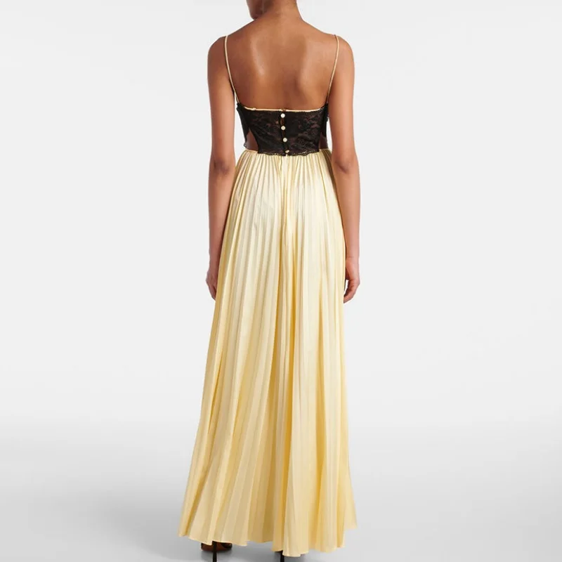 The 2025 summer new elegant women's satin lace patchwork halter dress y2k is a fashionable and casual backless dress long dress