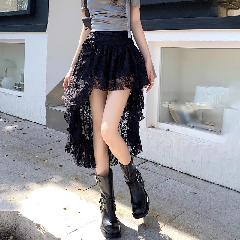 

Women Retro High Waist Puff Skirt Three-Dimensional Flower Decoration Lace Irregular Hem Anti Slip Skirt Cake Skirt with Shorts