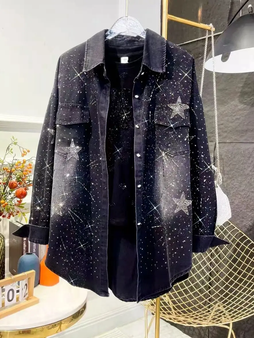 

Роскошные стильные блестящие черные джинсовые рубашки со стразами для женщин, блузки, осень 202, топ с длинными рукавами, верхняя одежда, джинсовое пальто