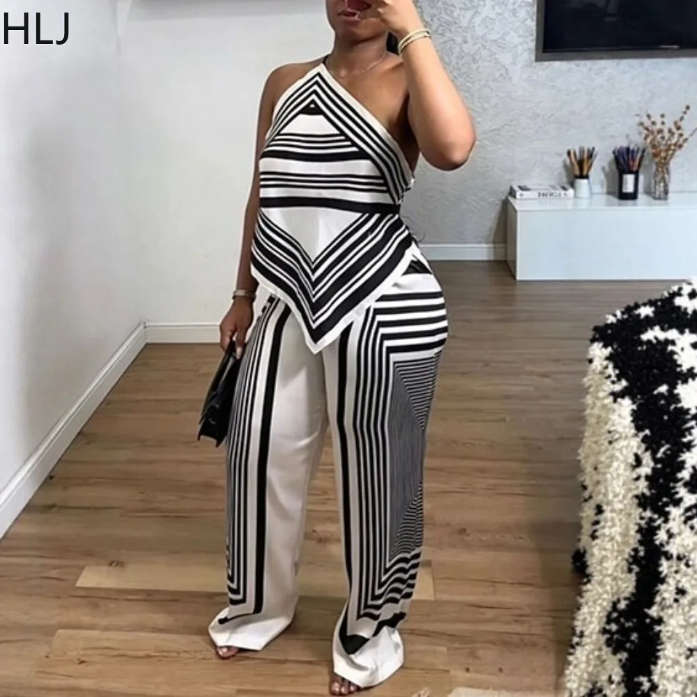 HLJ Geometric Striped 2 Piece Matching Set Women Halter Irregular Top and Leg Trousers Casual Vacation Daily Club Party Outfits