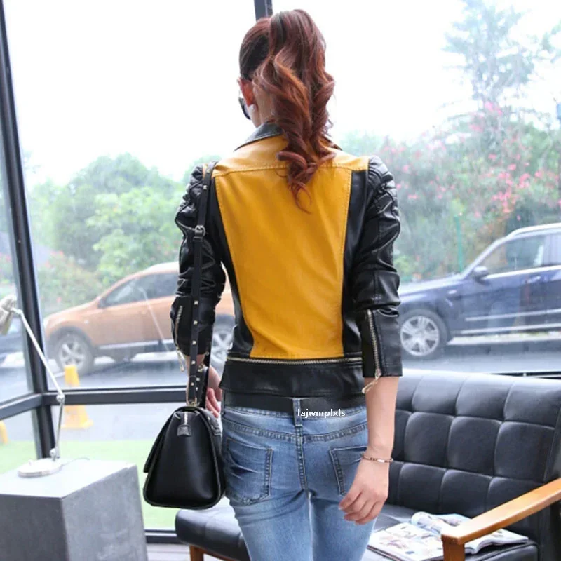 TPJB New Women Soft Motorcycle Short Faux Leather Jacket Women Ladies Autumn Biker Streetwear Black Spliced Zippers Coat