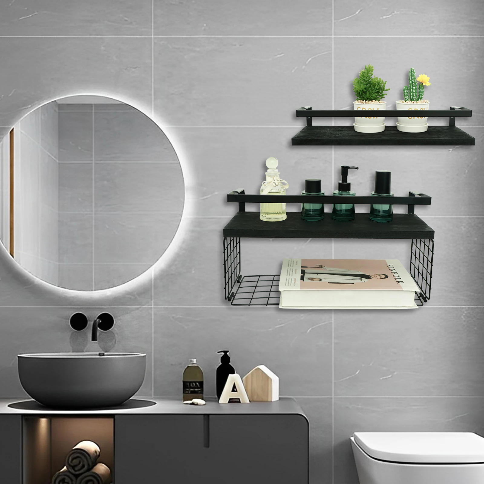 Floating Shelves Wall Mounted Bathroom Shelves with Paper Storage Basket Wooden Wall Shelves with Protective Metal Guardrail for