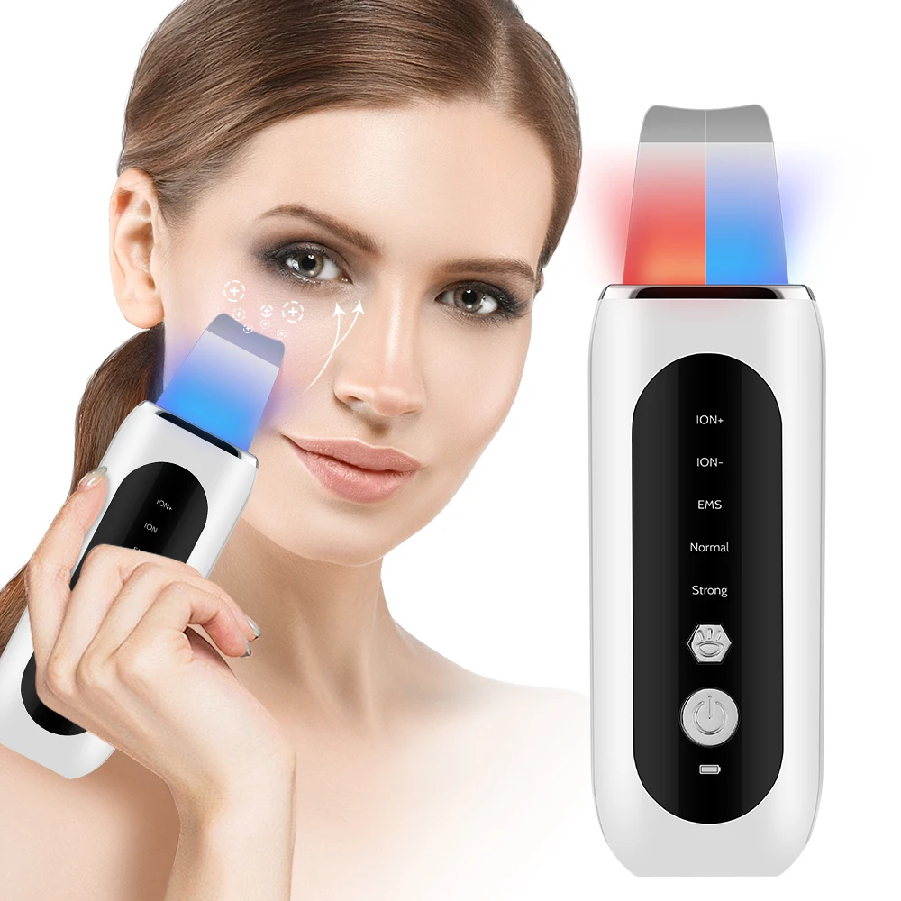 Ultrasonic LED Skin Scrubber, luz vermelha e azul, EMS Face Lift, removedor de cravos, limpeza de poros Acne, Peeling Machine Shovel, 5 Modos