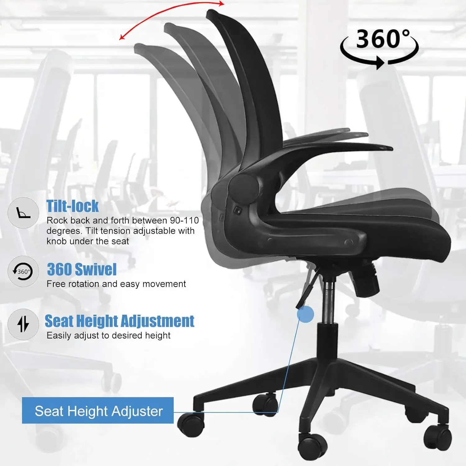 Foldable Office Chair - Home Office Desk Chairs with Flip-Up Arms and Foldable Backrest, Mesh Computer Chair Foldable Exec