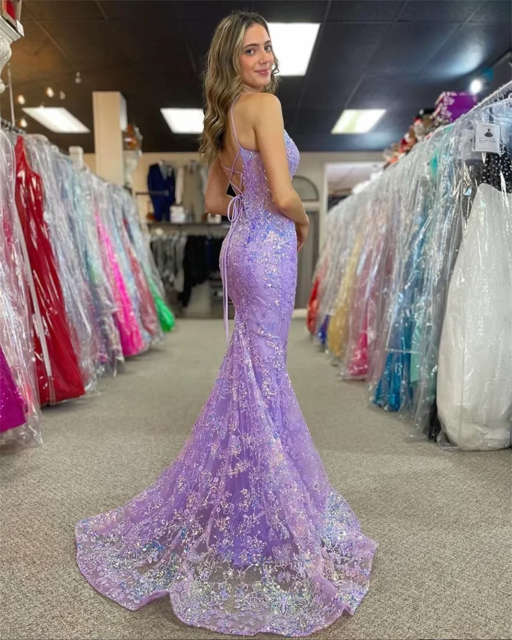 Customized Purple Glitter Prom Dress Sexy Spaghetti Strap V-neck Mermaid Wedding Party Dress Luxurious Women's Evening Dresses