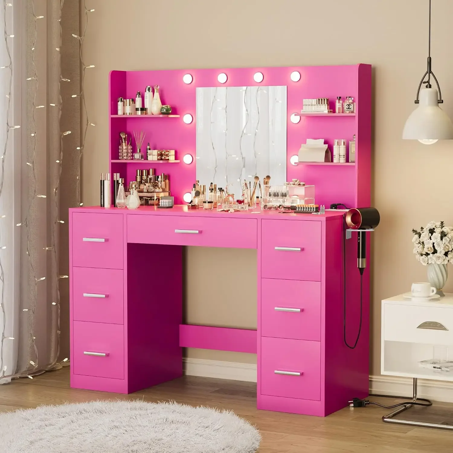 Furmax Vanity Desk with Mirror, LED Lights and Power Outlet Makeup Vanity Table with 7 Drawers and 6 Storage Shelves Dressing Ta